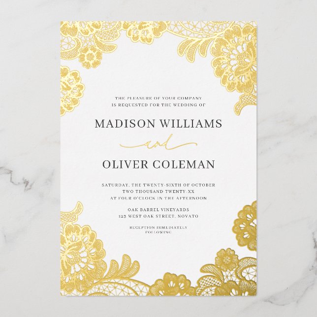 Invitación Con Relieve Metalizado Elegante blanco + Relieve metalizado dorado Boda d (Anverso)