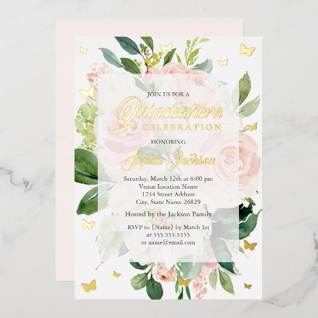 Invitación Con Relieve Metalizado Elegante Bloom Rosa Quinceanera (Anverso/Reverso)