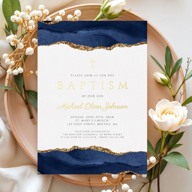 Invitación Con Relieve Metalizado Elegante Blue Agate Boy Baptism Gold (Elegant Blue Agate Boy Baptism Gold Foil Invitation)
