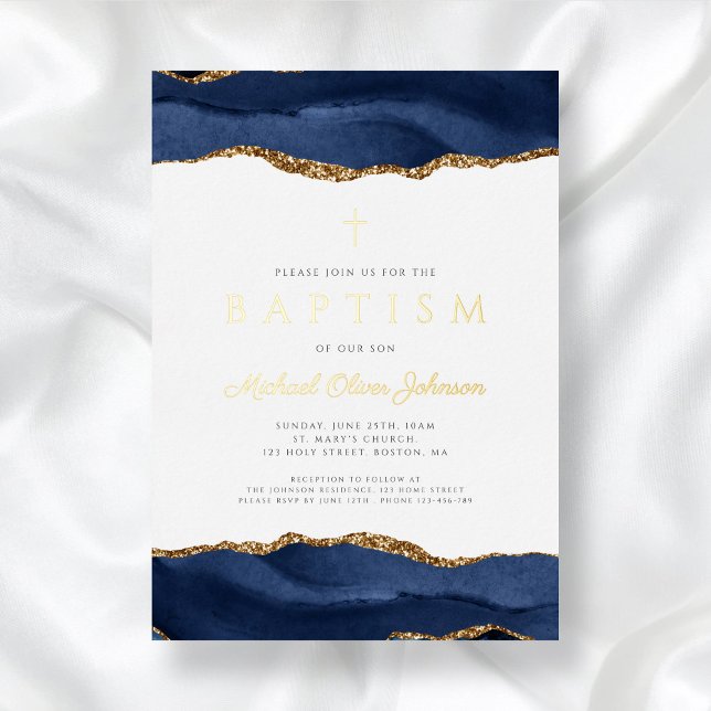 Invitación Con Relieve Metalizado Elegante Blue Agate Boy Baptism Gold (Elegant Blue Agate Boy Baptism Gold Foil Invitation)