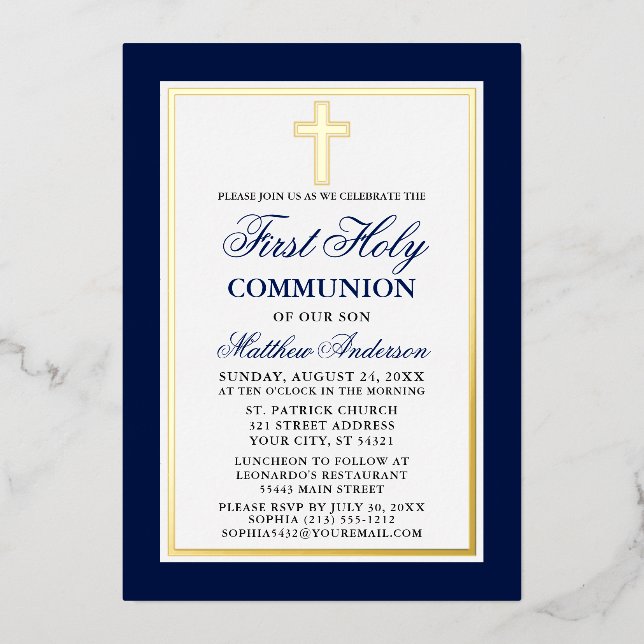 Invitación Con Relieve Metalizado Elegante Blue First Holy Communia Cross Gold (Anverso)