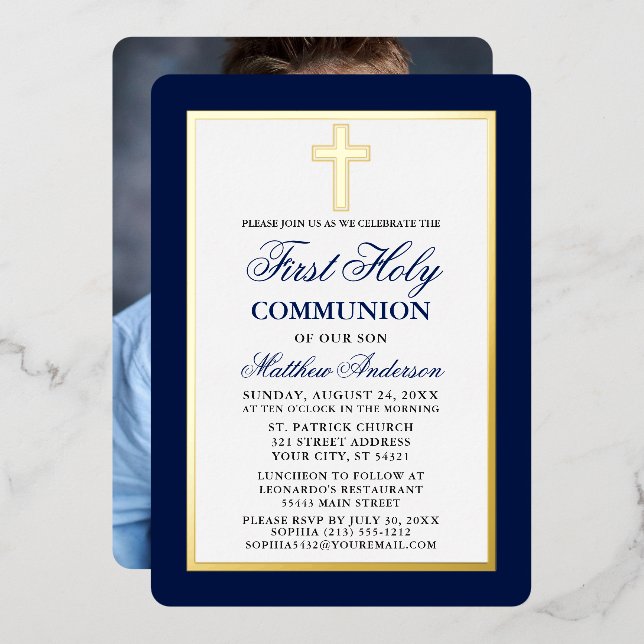 Invitación Con Relieve Metalizado Elegante Blue First Holy Communia Fotograma dorado (Anverso/Reverso)