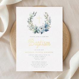 Invitación Con Relieve Metalizado Elegante Blue Floral Cruz de correa de flores de n