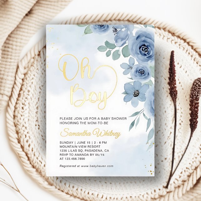 Invitación Con Relieve Metalizado Elegante Blue Floral Gold Boy Baby Shower (Subido por el creador)