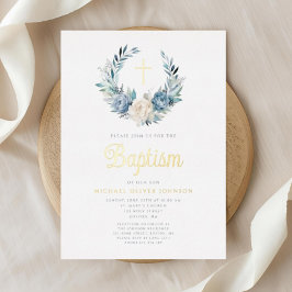 Invitación Con Relieve Metalizado Elegante Blue Floral Religiosa Cross Boy Baptism