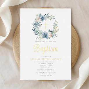 Invitación Con Relieve Metalizado Elegante Blue Floral Wreath Boy Baptism Gold