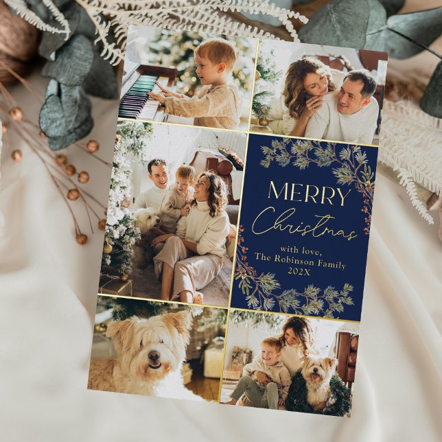 Invitación Con Relieve Metalizado Elegante Blue Gold 5 Photo Merry Christmas Card (Subido por el creador)