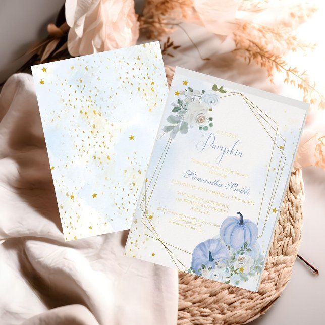 Invitación Con Relieve Metalizado Elegante Blue Little Pumpkin Boy Baby Shower (Subido por el creador)