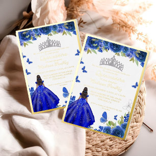 Invitación Con Relieve Metalizado Elegante Blue Royal Floral Butterfly Quinceanera