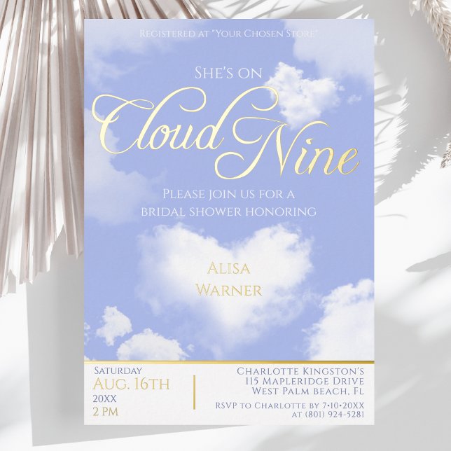 Invitación Con Relieve Metalizado Elegante Blue Sky Cloud Nueve Bridal Shower Gold (She's on Cloud 9 Elegant Bridal Shower Gold Foil Invitation)