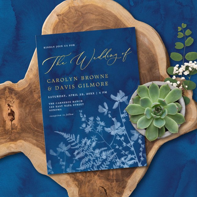 Invitación Con Relieve Metalizado Elegante Blue Sunprint Boho Boda Botánico Gold (Subido por el creador)