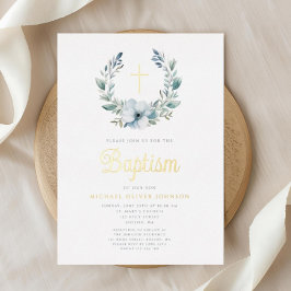 Invitación Con Relieve Metalizado Elegante Blue Wreath Religiosa Cross Boy Baptism