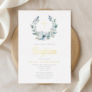 Invitación Con Relieve Metalizado Elegante Blue Wreath Religiosa Cross Boy Baptism