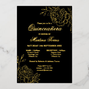 Invitación Con Relieve Metalizado Elegante Boceto de Quinceañera Floral Negro y Dora