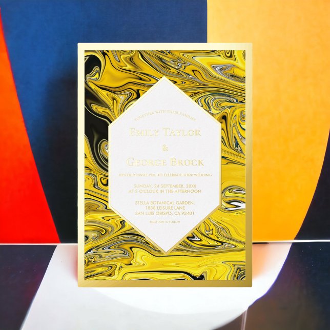 Invitación Con Relieve Metalizado Elegante Boda abstracto de pastel de oro negro mín (Subido por el creador)