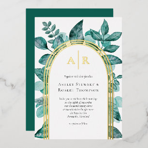 Invitación Con Relieve Metalizado Elegante Boda Acuarela de Verde Teal Dorado