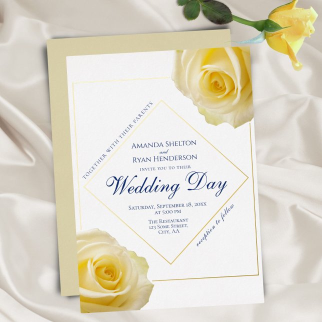 Invitación Con Relieve Metalizado Elegante Boda amarillo rosa floral dorado (Subido por el creador)