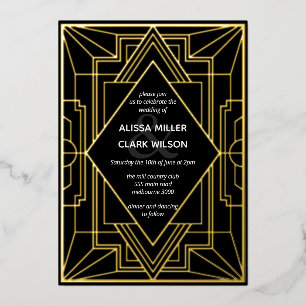 Invitación Con Relieve Metalizado Elegante Boda Art Déco en Dorado