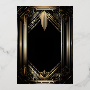 Invitación Con Relieve Metalizado Elegante Boda Art Déco en Negro y Dorado