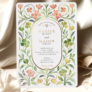 Invitación Con Relieve Metalizado Elegante Boda Art Nouveau Floral Acuarela Oro