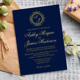 Invitación Con Relieve Metalizado Elegante Boda azul de la marina de oro de lujo