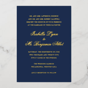 Invitación Con Relieve Metalizado Elegante Boda azul de la Marina de Oro Tradicional