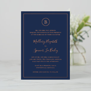 Invitación Con Relieve Metalizado Elegante Boda azul de la Marina Monograma Rosa Oro