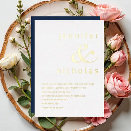 Invitación Con Relieve Metalizado Elegante Boda azul de la Marina y Ampersand Gold