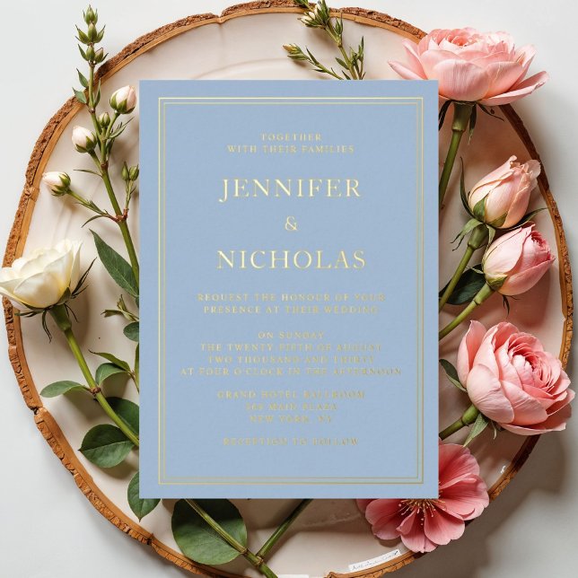 Invitación Con Relieve Metalizado Elegante Boda azul formal oro (Elegant Formal Powder Blue Wedding Gold Foil Invitation)
