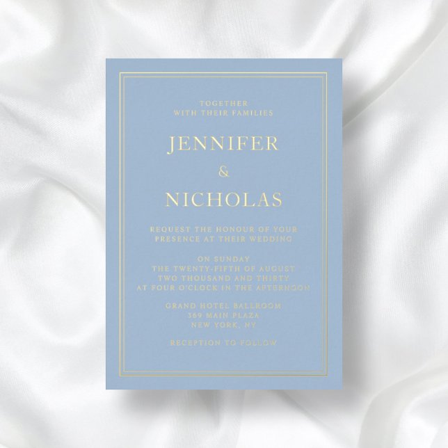 Invitación Con Relieve Metalizado Elegante Boda azul formal oro (Front / Elegant Formal Blue Wedding Gold Foil Invitation)