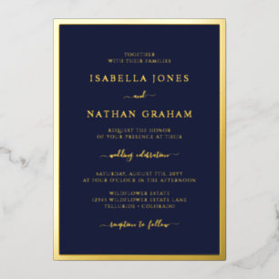 Invitación Con Relieve Metalizado Elegante Boda Azul Marino Dorado