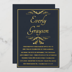 Invitación Con Relieve Metalizado Elegante boda azul marino y dorado Veri