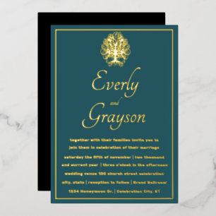 Invitación Con Relieve Metalizado Elegante boda azul teal bosque dorado