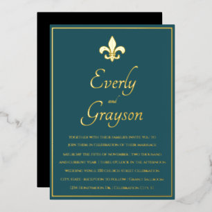 Invitación Con Relieve Metalizado Elegante boda azul turquesa y oro Fleur De Lis