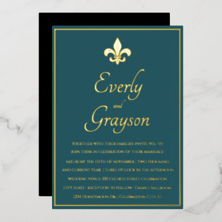 Invitación Con Relieve Metalizado Elegante boda azul turquesa y oro Fleur De Lis