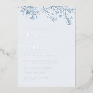 Invitación Con Relieve Metalizado Elegante Boda azul victoriano plateado
