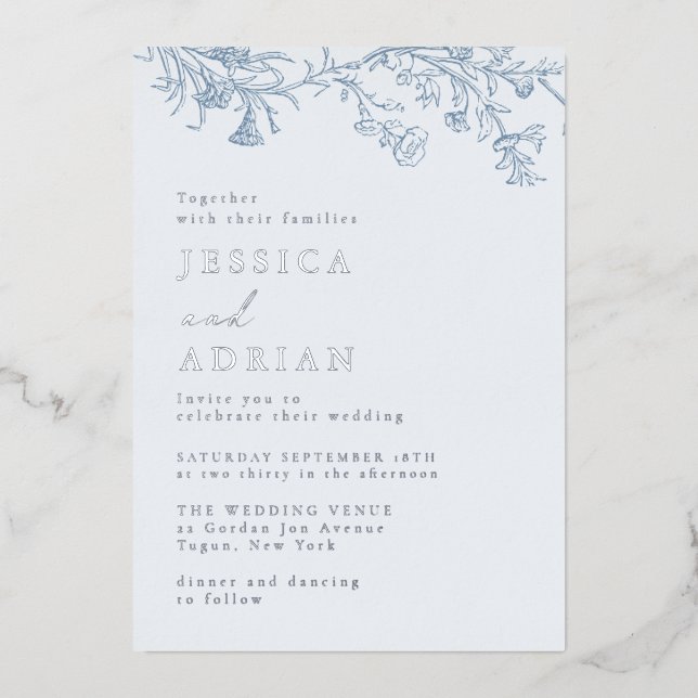 Invitación Con Relieve Metalizado Elegante Boda azul victoriano plateado (Anverso)