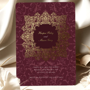 Invitación Con Relieve Metalizado Elegante Boda Barroca en Burgundy con Hoja de Oro