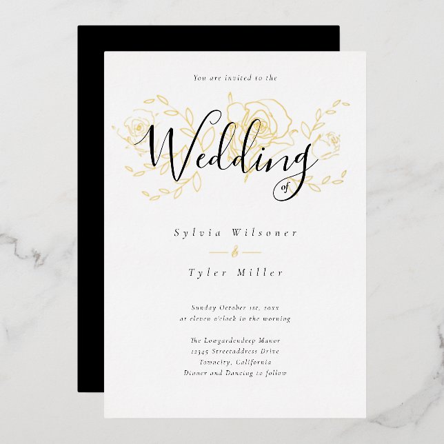 Invitación Con Relieve Metalizado Elegante Boda blanco floral dorado negro (Anverso/Reverso)