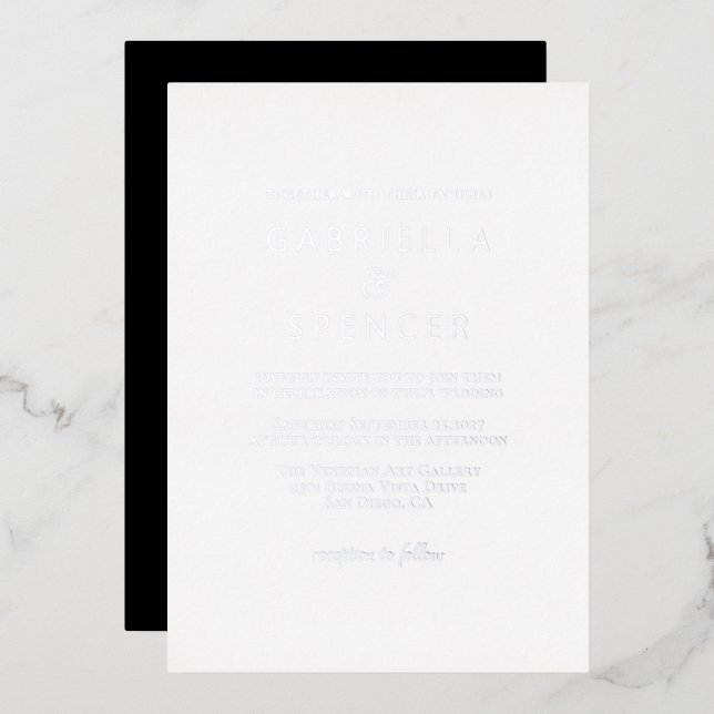 Invitación Con Relieve Metalizado Elegante Boda blanco negro plateado (Anverso/Reverso)