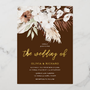Invitación Con Relieve Metalizado Elegante Boda Bohemiana Blanca Floral Dorada