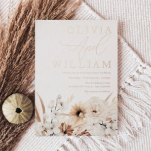 Invitación Con Relieve Metalizado Elegante Boda Boho Floral Rosa Gold