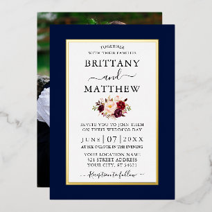 Invitación Con Relieve Metalizado Elegante Boda Borgoña Floral Azul Foto Oro