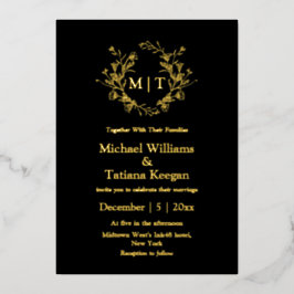 Invitación Con Relieve Metalizado elegante boda botánica con monograma negro y dorad