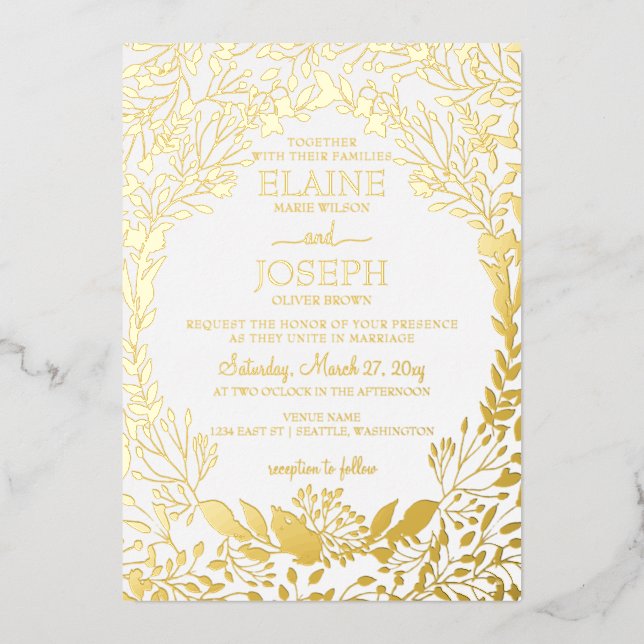 Invitación Con Relieve Metalizado Elegante Boda botánico (Anverso)