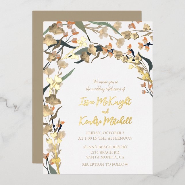 Invitación Con Relieve Metalizado Elegante Boda Botánico Beige Boho Neutral (Anverso/Reverso)