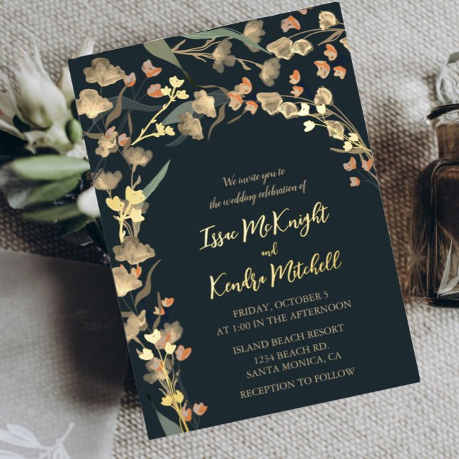 Invitación Con Relieve Metalizado Elegante Boda Botánico de Flor Silvestre Beige (Subido por el creador)