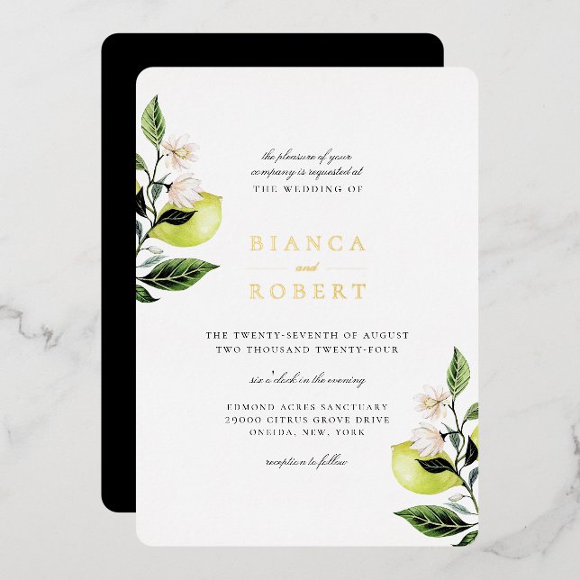 Invitación Con Relieve Metalizado Elegante Boda Botánico de Lemones (Anverso/Reverso)