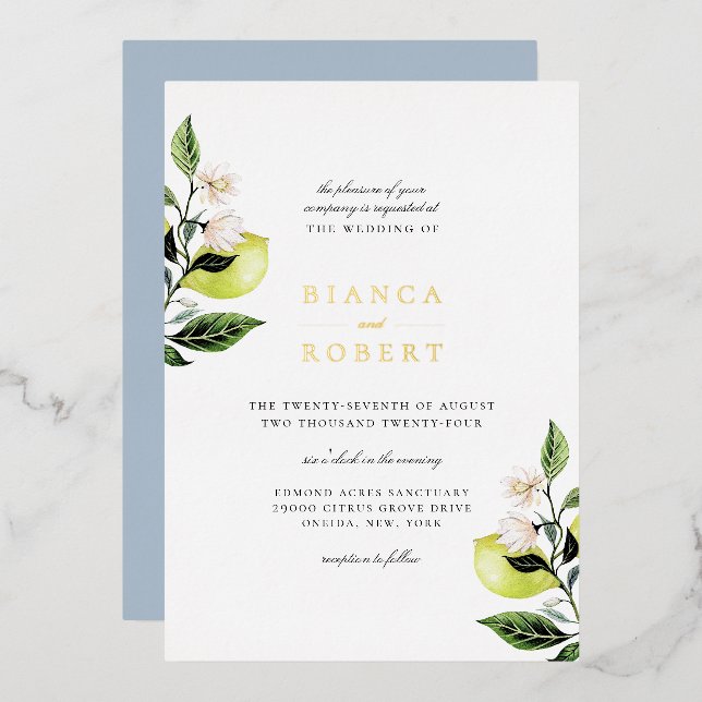 Invitación Con Relieve Metalizado Elegante Boda Botánico de Lemones (Anverso/Reverso)