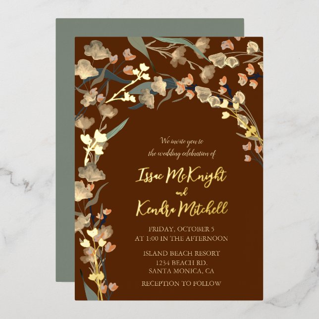 Invitación Con Relieve Metalizado Elegante Boda botánico del sabio de vino de Borgoñ (Anverso/Reverso)